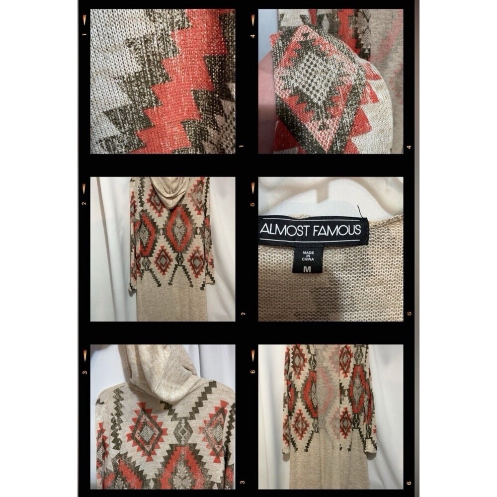 Almost Famous Women's Beige Aztec Geometric Knit Hooded Open Front Cardigan M